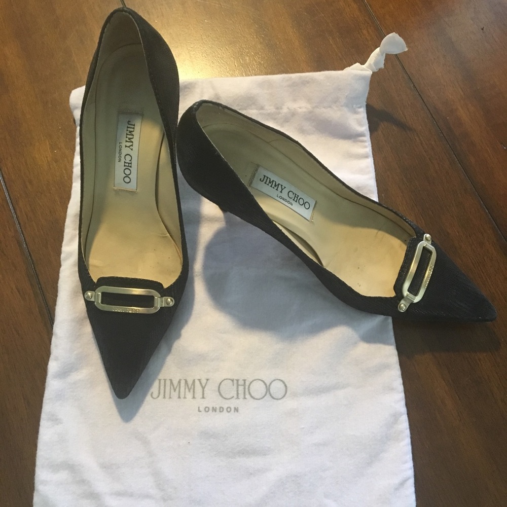 Jimmy Choo Black Reptile pointed toe pump. Size 6